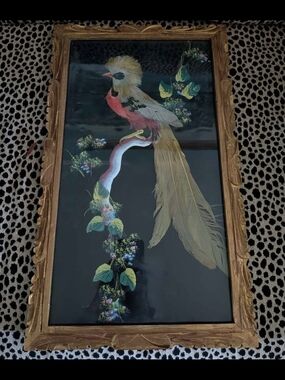 Large Original Vintage Real Bird Feathers Painting! Intricately Hand Layered!